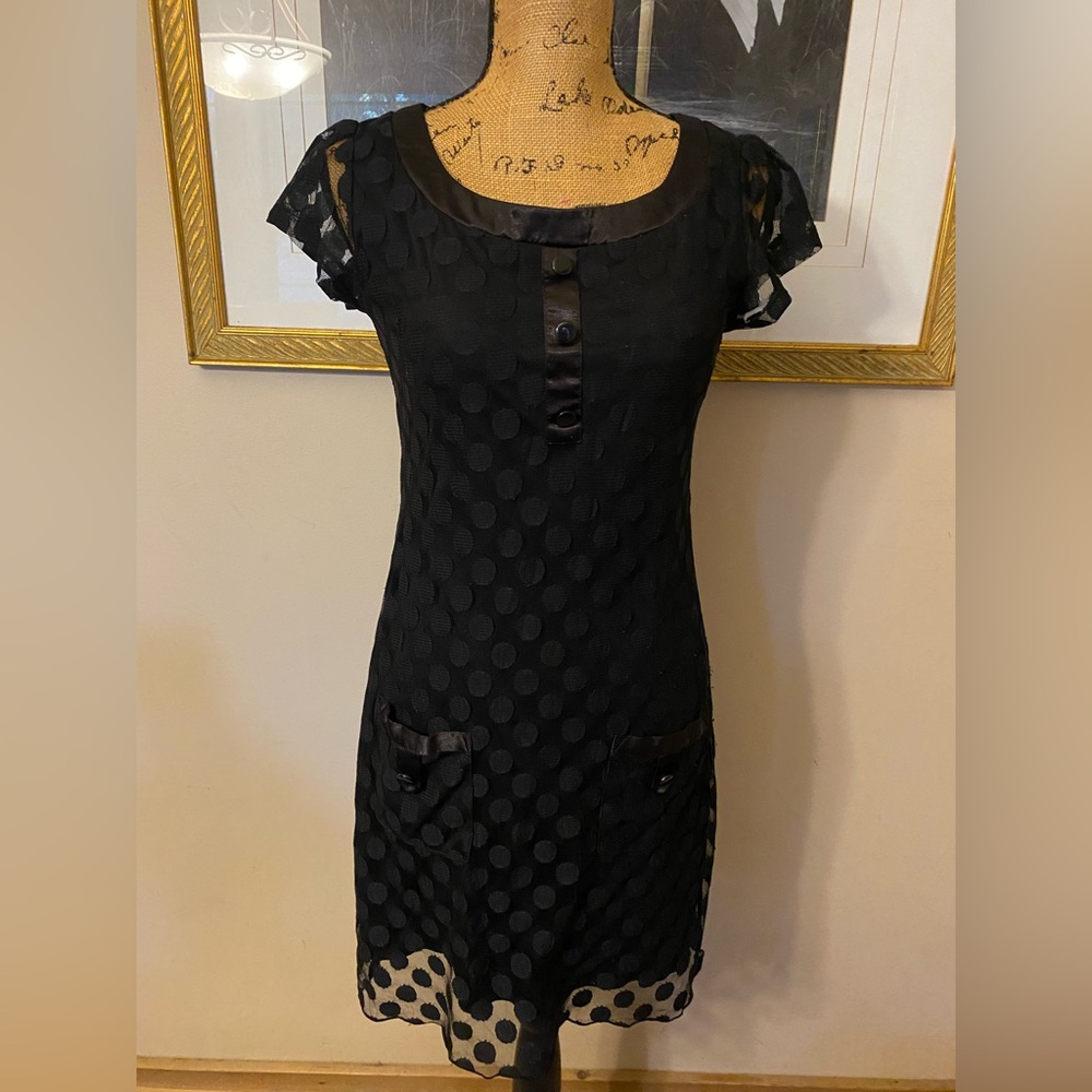 En Focus Studio Black Polka Dot Sheer Overlay Dress with Pockets Size 6 - Picture 1 of 6